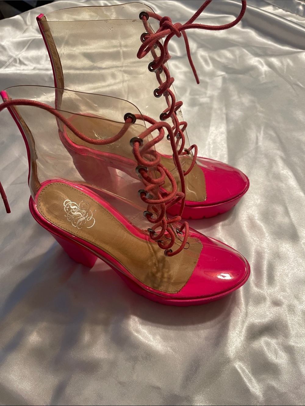 Lace-Up Clear Panel Platform Heels in Hot Pink